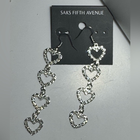Saks Fifth Avenue Silver Tone 4 Dangling Heart  Pave Crystal Hook Earrings - Picture 3 of 6